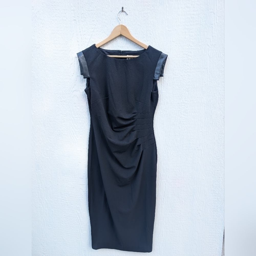 NWT $99 Anne Klein Black Body Con Faux Leather Cap Sleeves Dress Women's Size 8